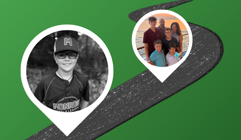 2 photos positioned along a road. First photo is Elliot in a baseball uniform. Second photo is Elliot's parents and siblings aboard a cruise ship.