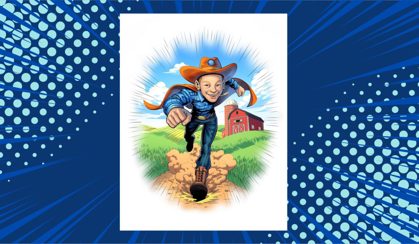 An illustration of TrialNet hero Luke Sorenson running fast on a dirt road wearing a cowboy hat and cape.