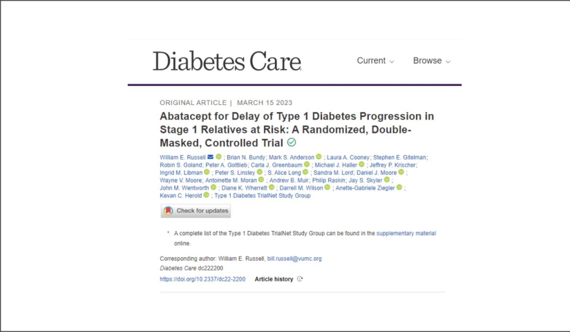 Screenshot of Diabetes Care showing the title of the findings from TrialNet's Abatacept Prevention Study
