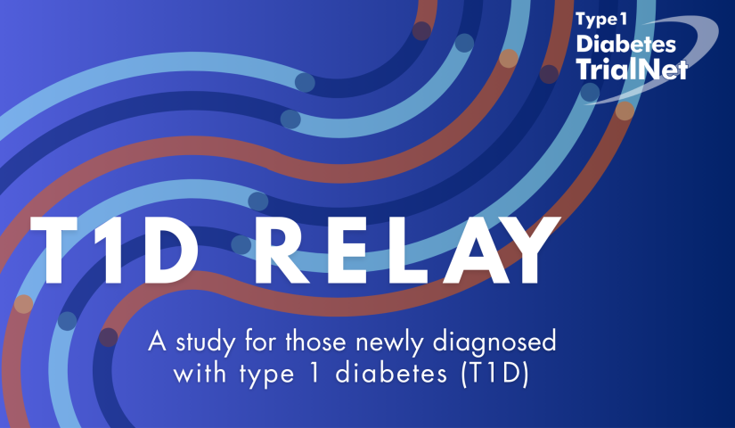 The text reads T1D RELAY a study for those newly diagnsoed with type 1 diabetes. Segments of light blue, dark blue and red lines run diagonally in the background.