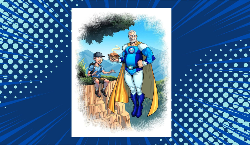 An illustration of TrialNet hero Tim Garman flying in the air wearing a blue super suit and golden cape. Tim is holding out his award-winning cinnamon raisin bread to a child.