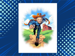An illustration of TrialNet hero Luke Sorenson running fast on a dirt road wearing a cowboy hat and cape.