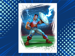 An illustration of TrialNet hero Orlando Brown, Jr. wearing a football uniform and holding up a round shield to deflect a lightning bolt