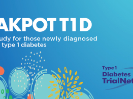 JAKPOT T1D is a study for those newly diagnosed with T1D. The background of the image is blue with bursts of color in the lower left side.