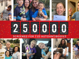 8 photos of TrialNet participants around text. Center text reads "250,000 screened for T1D autoantibodies" and has confetti over it.