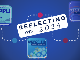 red blue and green graphic. Text reads "reflecting on 2024" and features artwork from the TOPPLE Study, T1D RELAY Study, and JAKPOT T1D study positioned on a timeline