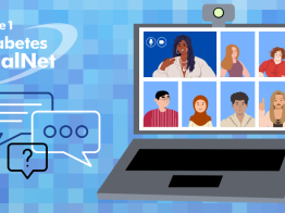 A cartoon image shows an open laptop with a video call screen. The image shows 7 cartoon people in the video call in various states of speaking or listening.
